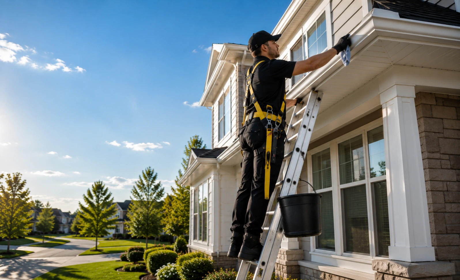 Fascia & Soffit Lines — Roseville, CA Fascia and soffit line inspected during gutter cleaning in Roseville, CA