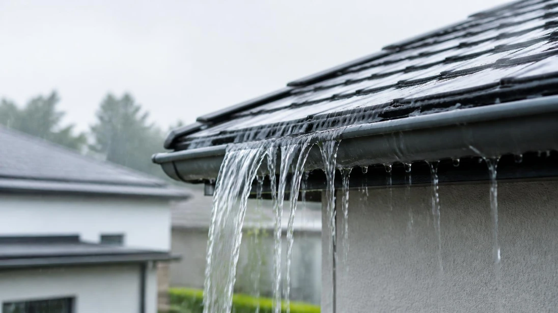 Rainwater overflowing from a clogged commercial gutter during a storm in Roseville, CA