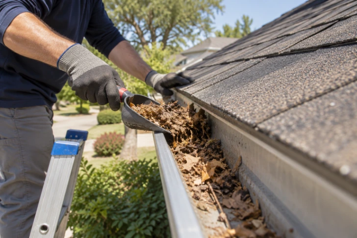 Close-up of gloved hands removing built-up debris from a home gutter in Roseville, CA