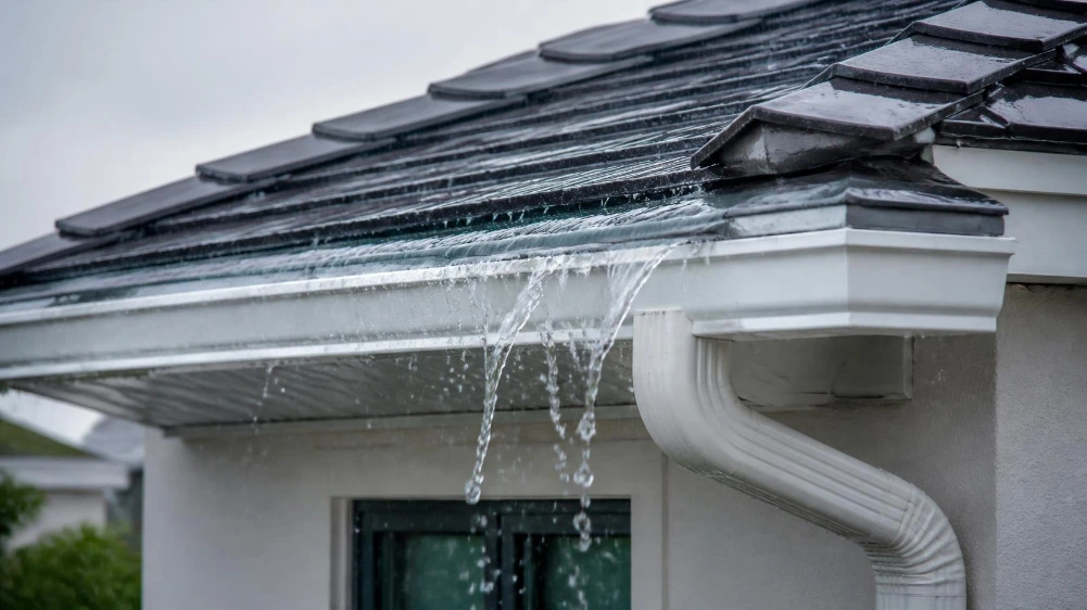 Water spilling over a clogged gutter and downspout on a commercial building in Roseville, CA