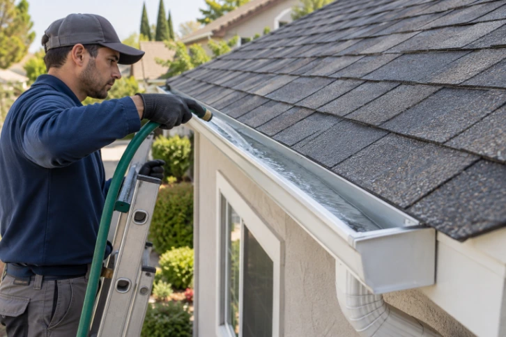 Gutter cleaning professional flushing a residential gutter with a hose in Roseville, CA