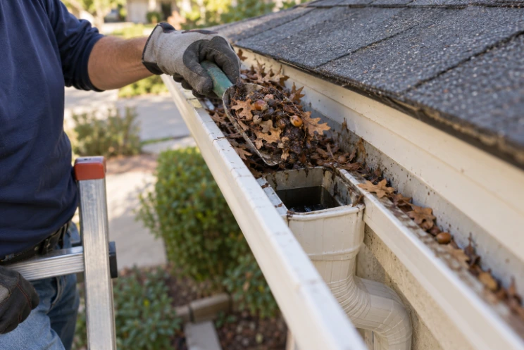 Technician hand-scooping leaves and debris from a residential gutter in Roseville, CA