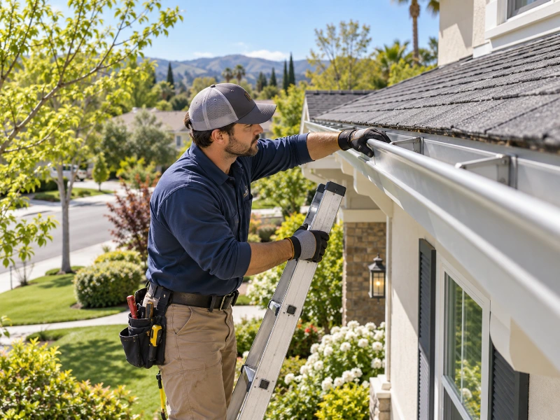 Professional Gutter Inspection on a Sunny Suburban Home Professional gutter inspection on a sunny suburban home in Roseville California during spring maintenance season