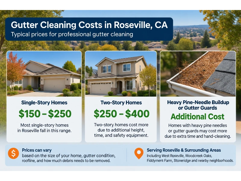 Roseville Gutter Cleaning Price Guide Roseville California gutter cleaning price guide showing single-story and two-story home cleaning costs