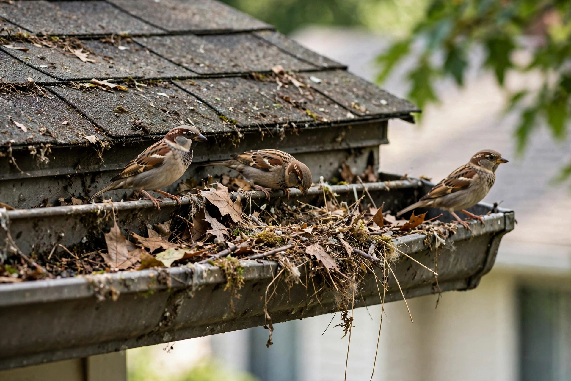 Birds nesting near a clogged gutter on a roofline