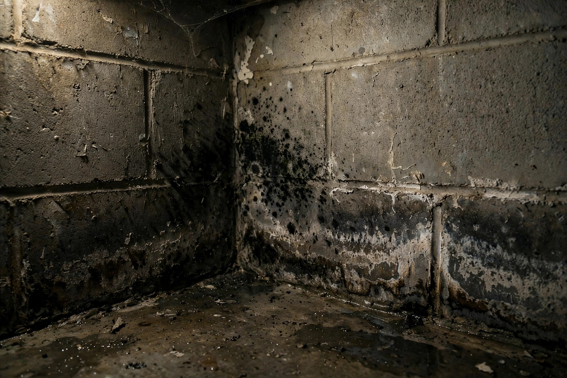 Mold patch on a damp basement wall from water seepage