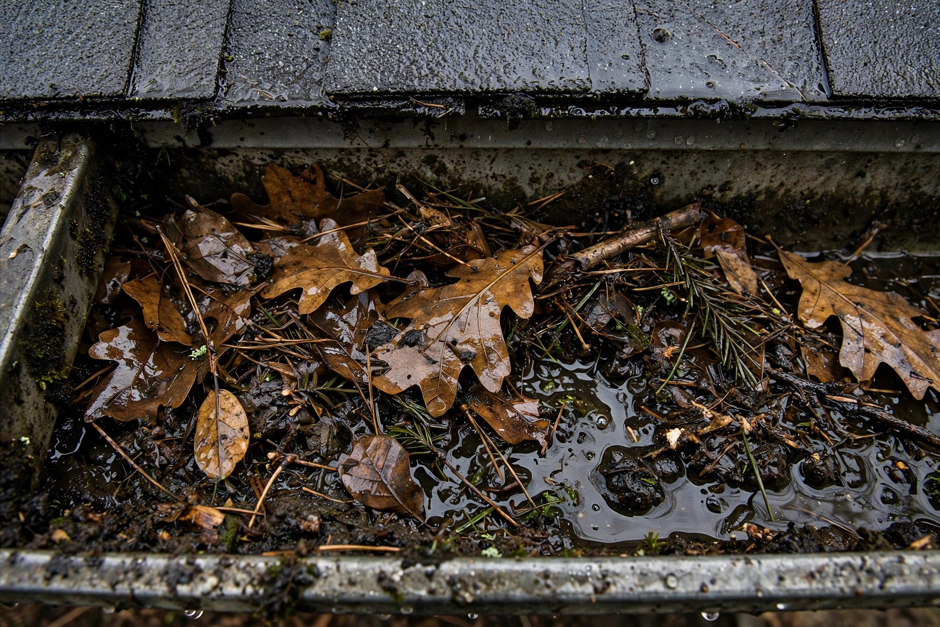 Gutter packed with wet oak leaves, pine needles and sludge