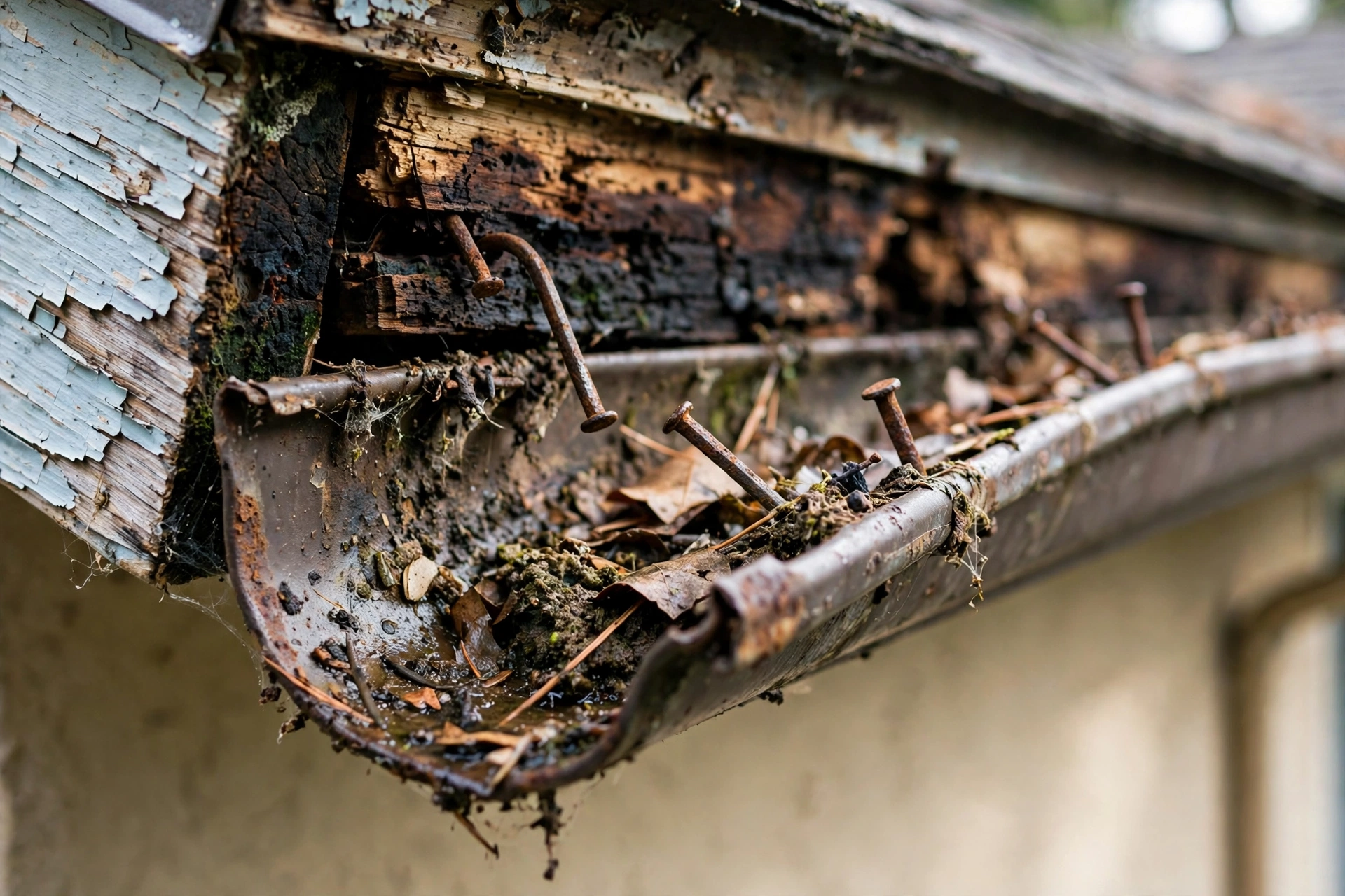 Rotted fascia board behind a sagging gutter, paint peeling from water damage