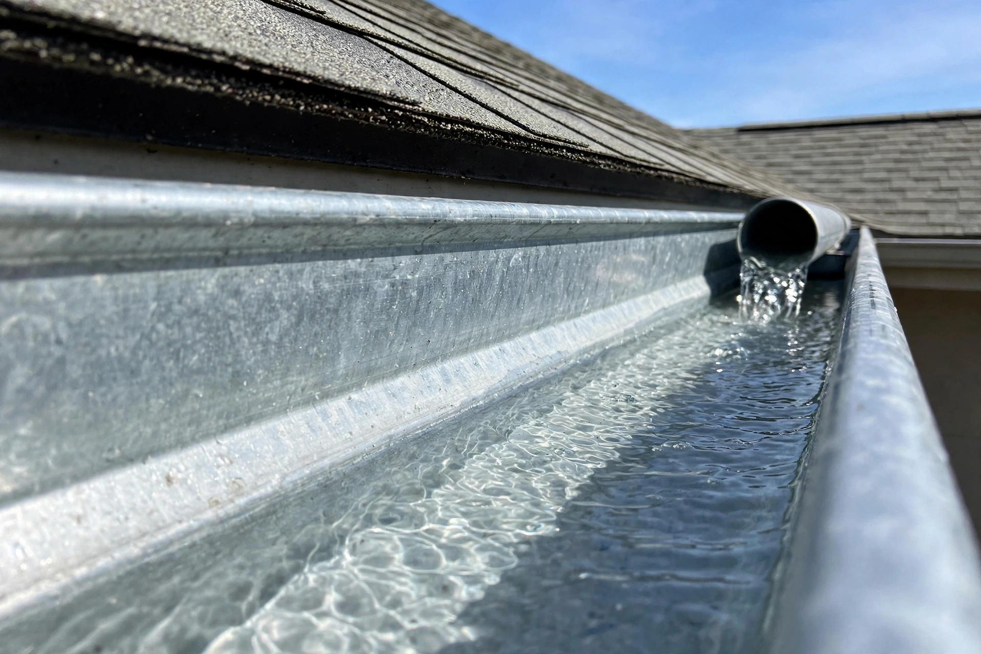 Flow test after gutter cleaning — water draining freely