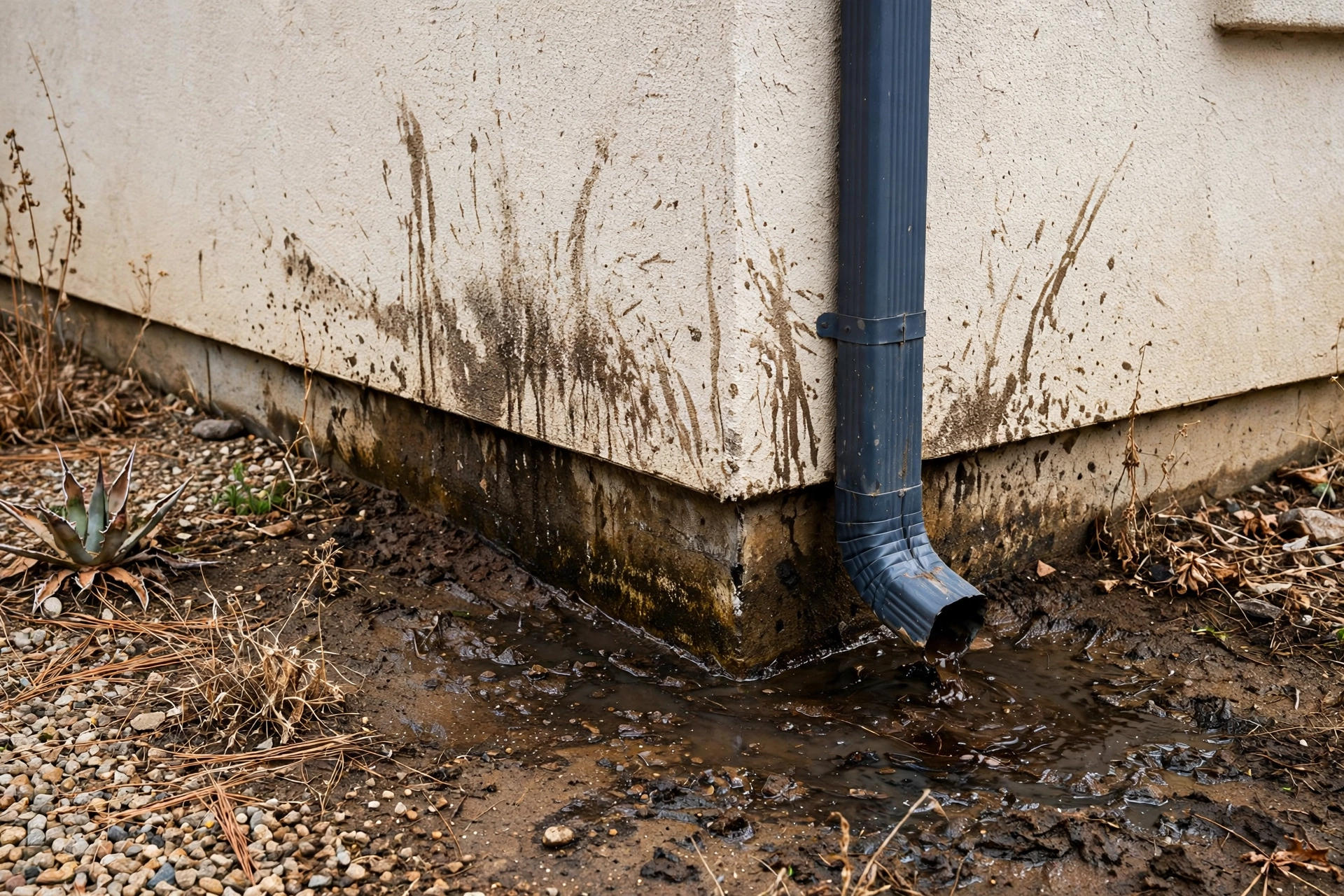 Water stains and pooled water at a house foundation from overflowing gutters