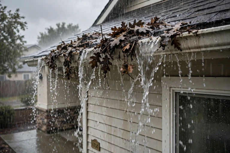 Gutter overflowing with rainwater during a heavy storm in Roseville, California