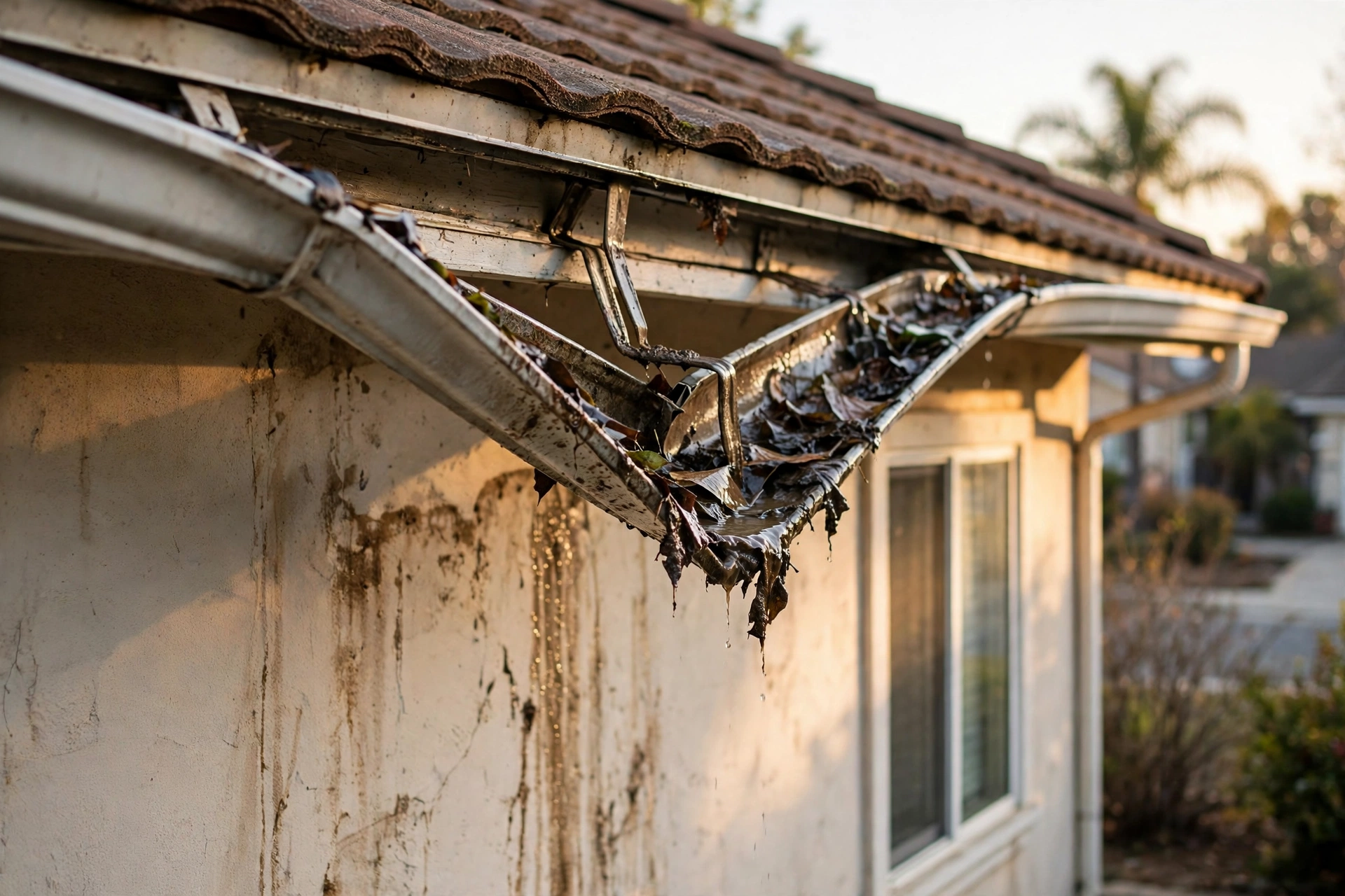 Gutter sagging under the weight of wet leaves and sludge