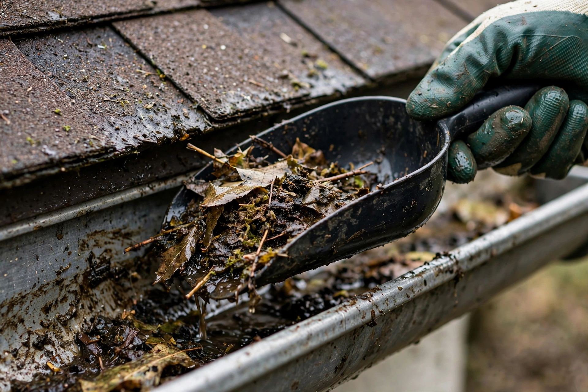 Hand-scooping leaves and sludge from a gutter channel