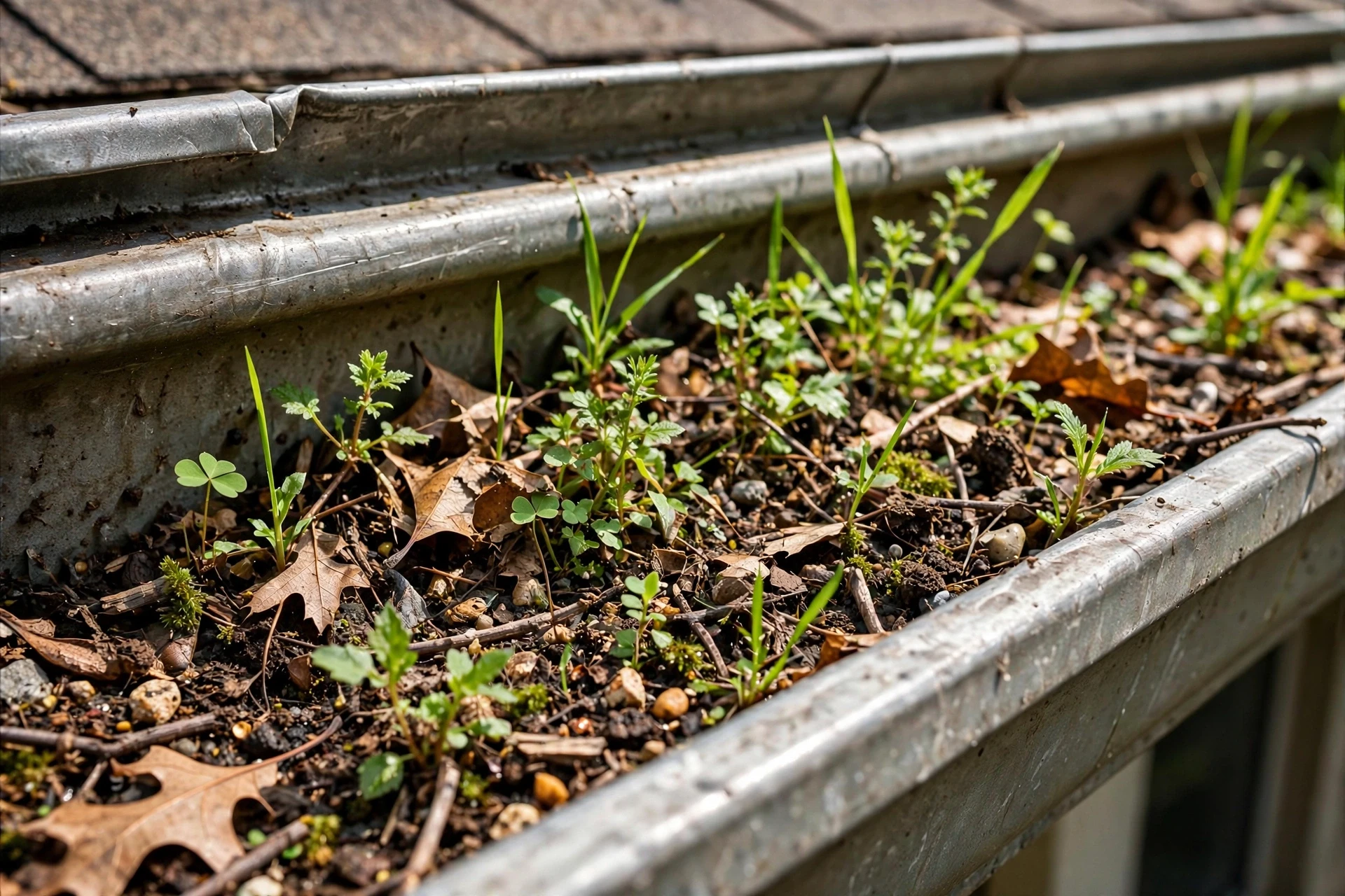 Weeds growing in a clogged gutter trough