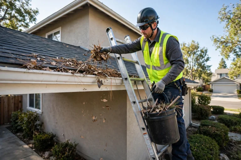 Professional gutter cleaner scooping debris by hand in Roseville, California