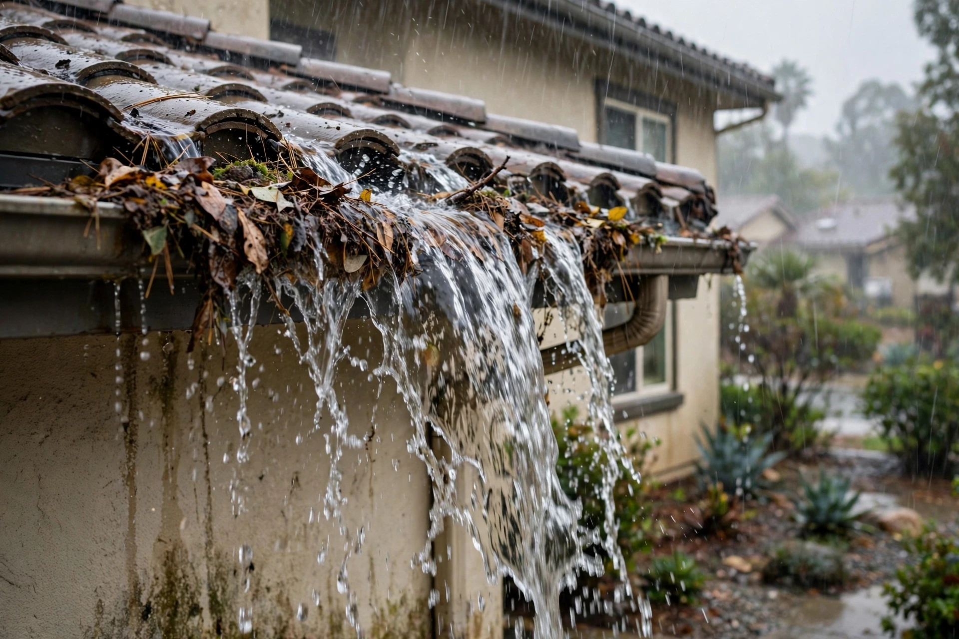 Rainwater overflowing a clogged gutter in Roseville