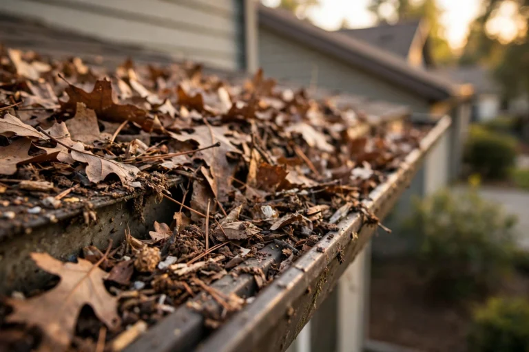 Gutter full of oak leaves in Roseville, California