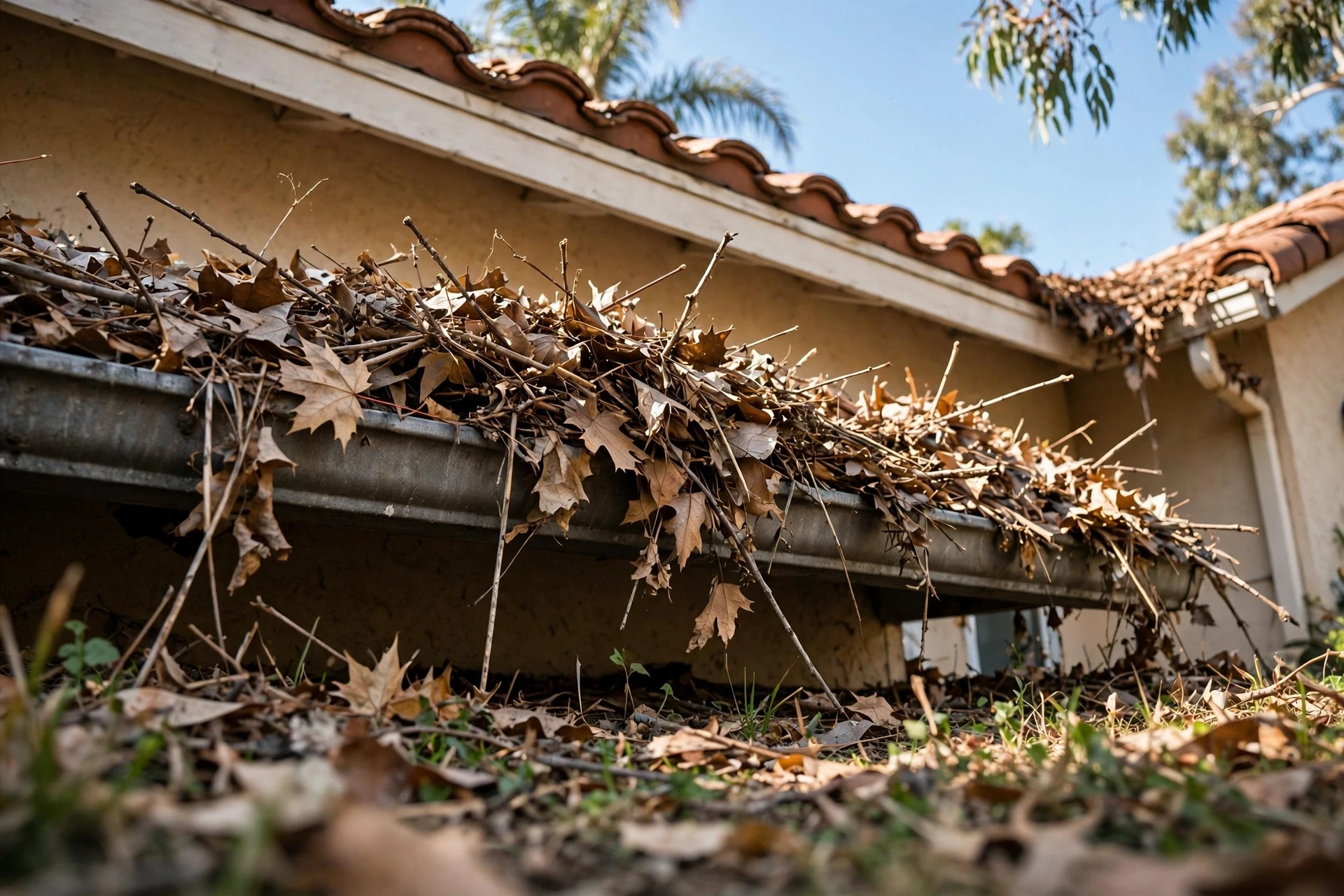 Visible debris piled up in a residential gutter