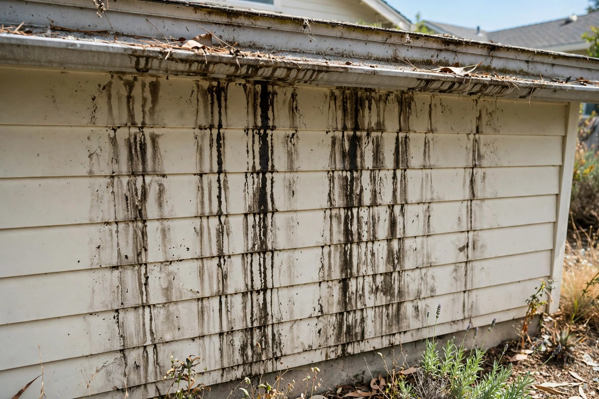 Water stains on siding below an overflowing gutter